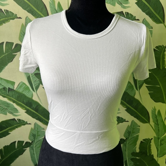Garage White Ribbed Baby Tee Tie Back Cropped Top Size M - Picture 1 of 4